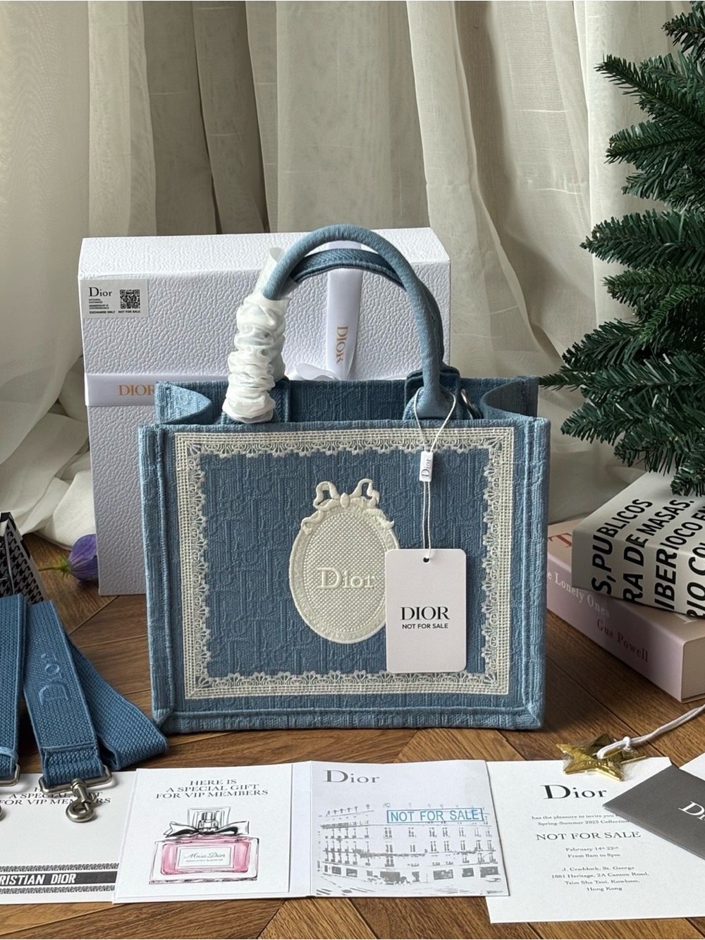 Dior Blue Embroidered Book Medium Tote Shoulder Bag